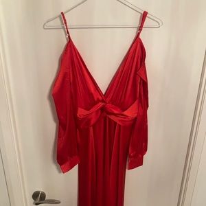 Fiery red, long-sleeved, Fashion Nova satin gown